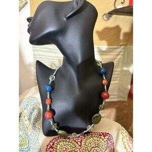 Vintage Murano Art Glass Necklace Natural Stones Statement Necklace Seed Beads